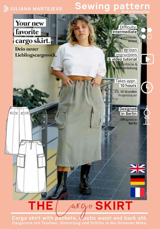 Jupe cargo patron XS-XXXL. Jupe mi-longue patron  image number 7
