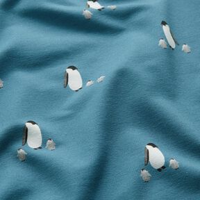GOTS French Terry Sweat d’été Famille de pingouins Impression numérique – bleu jean, 