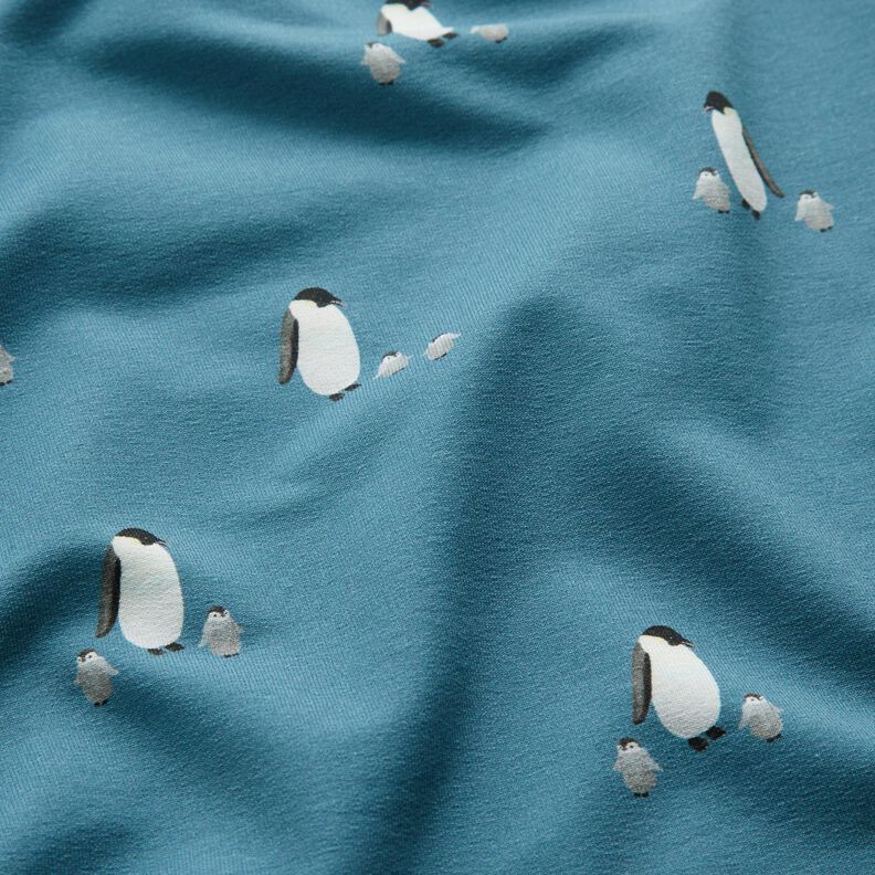 GOTS French Terry Sweat d’été Famille de pingouins Impression numérique – bleu jean,  image number 2