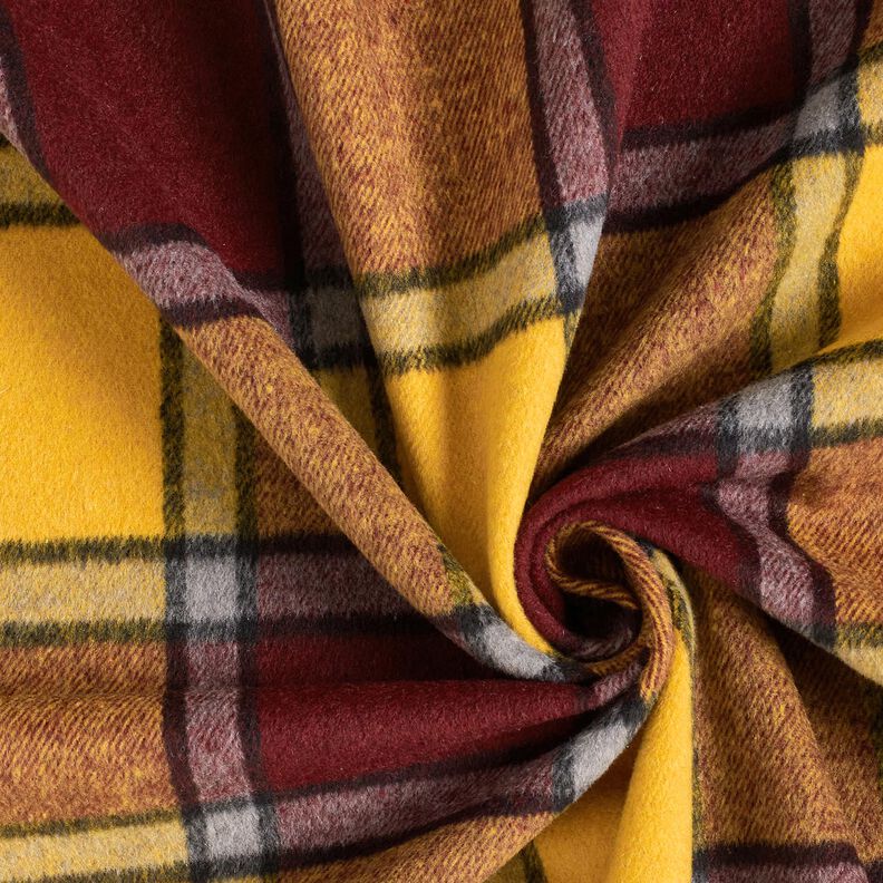 Tissu pour manteau tissu gratté à carreaux – rouge bordeaux/jaune curry, image number 3