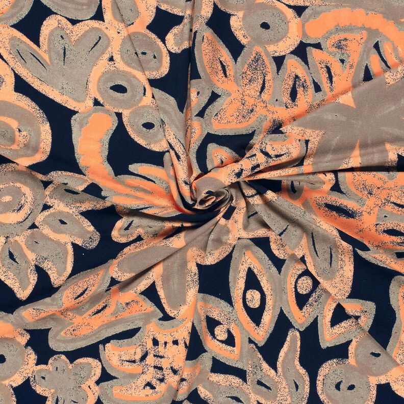 Jersey viscose Fleurs peintes – bleu nuit/orange pêche,  image number 3