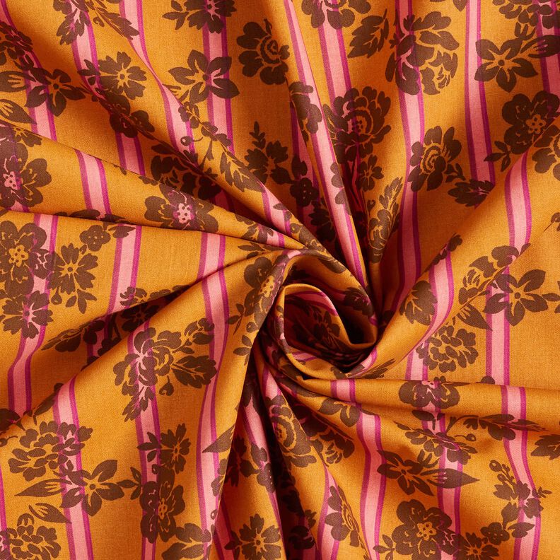 Tissu en coton Cretonne Fleurs sur rayures – jaune curry/pourpre, image number 3