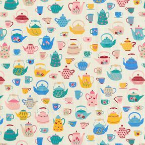 Tissu de décoration Semi-panama Théières – beige clair/bleu, 