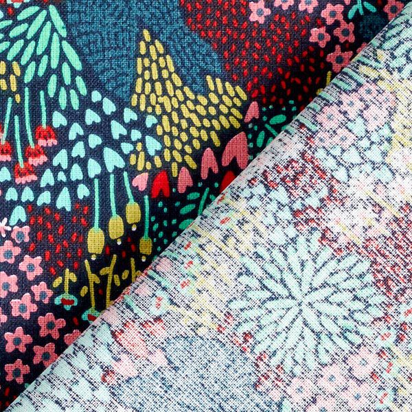 Tissu en coton cretonne oiseaux dans un champ de fleurs – bleu nuit – Échantillon,  image number 4