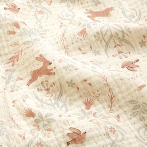 Tissu double gaze de coton Oiseau et lapin dans un jardin fleuri – écru, 