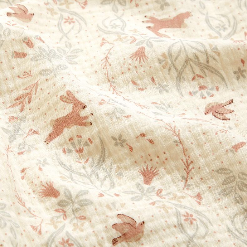Tissu double gaze de coton Oiseau et lapin dans un jardin fleuri – écru,  image number 2