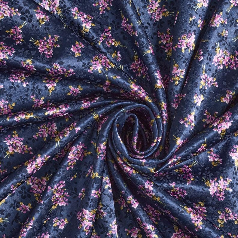 Satin stretch Jacquard Bouquets de fleurs – bleu marine,  image number 3