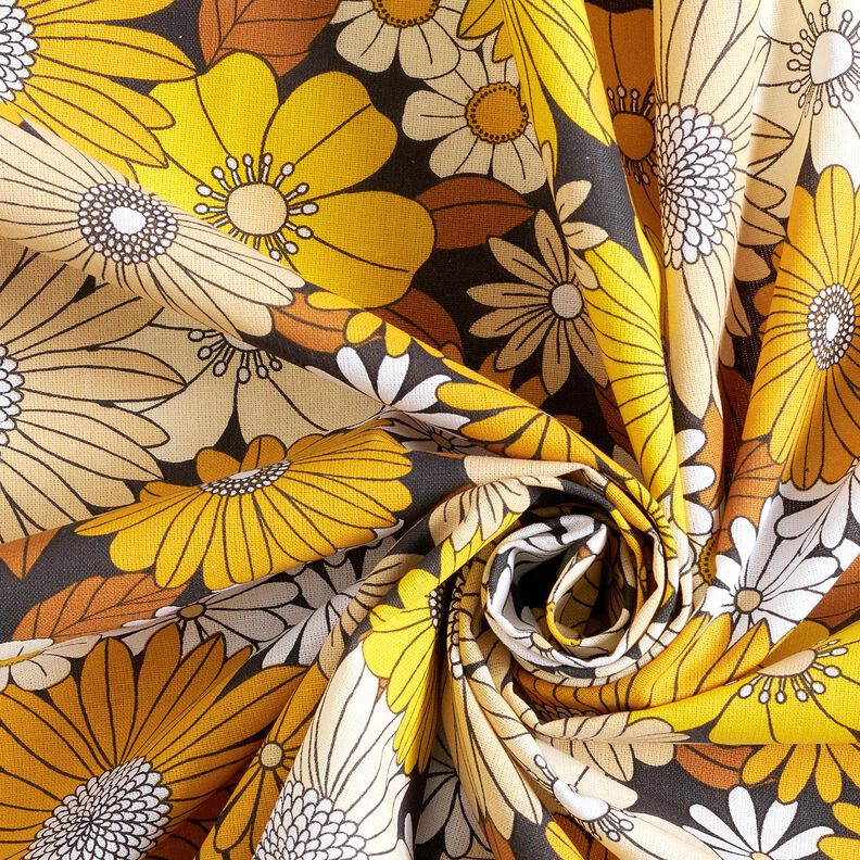 Tissu en coton Cretonne Grandes fleurs rétro – noir/jaune soleil, image number 3