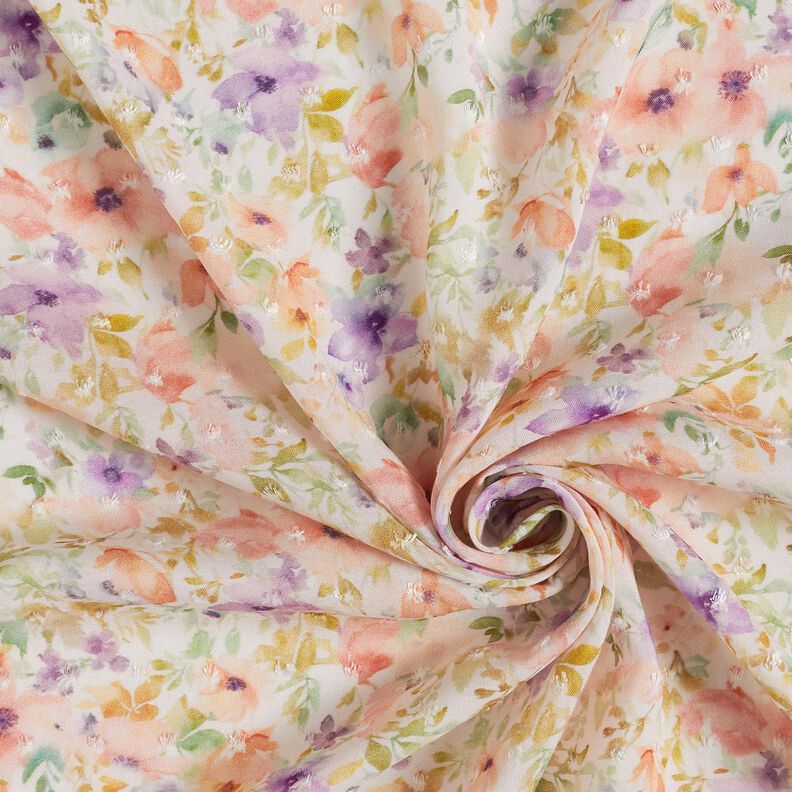 Tissu viscose Dobby Mer de fleurs aquarelle impression numérique – ivoire/lavande,  image number 3