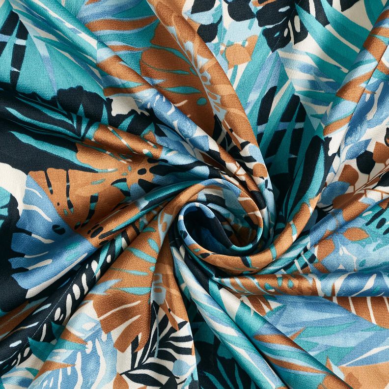 Crêpe satin Palmiers et Monstera – bleu brillant/bleu noir, image number 3