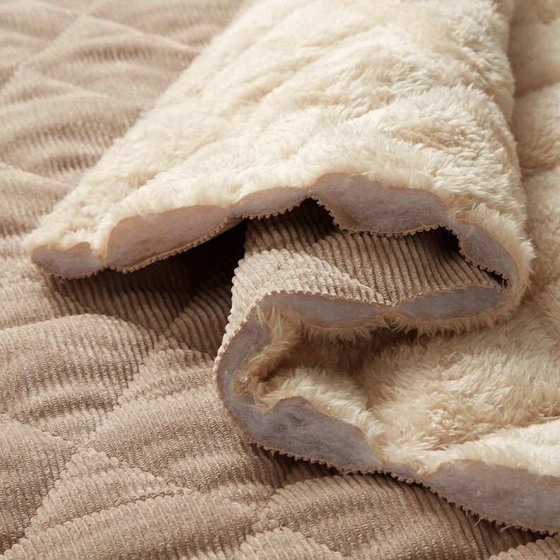 Tissu matelassé Velours côtelé à losanges avec envers fourrure – taupe, image number 2
