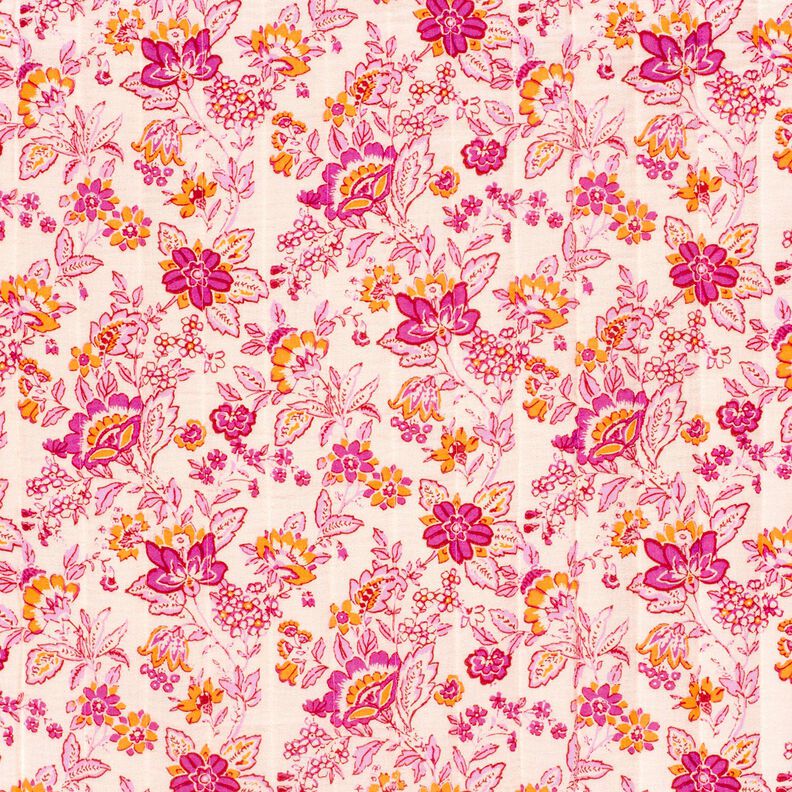 Tissu matelassé Tissu gaze de coton fleurs ethniques – écru/rose vif,  image number 4
