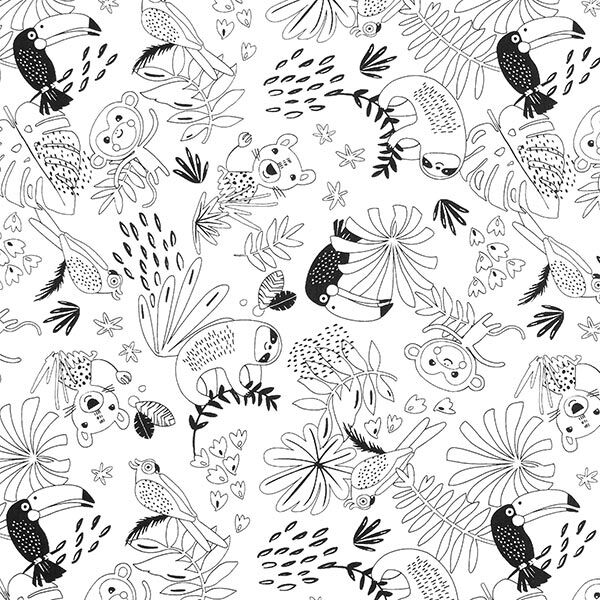 Popeline coton Tissu à colorier perroquets – blanc/noir,  image number 1