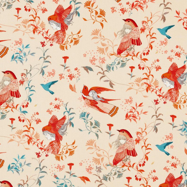 Tissu viscose LENZING™ ECOVERO™ Oiseaux et Fées | Katia Fabrics – crème/rouge feu, image number 1