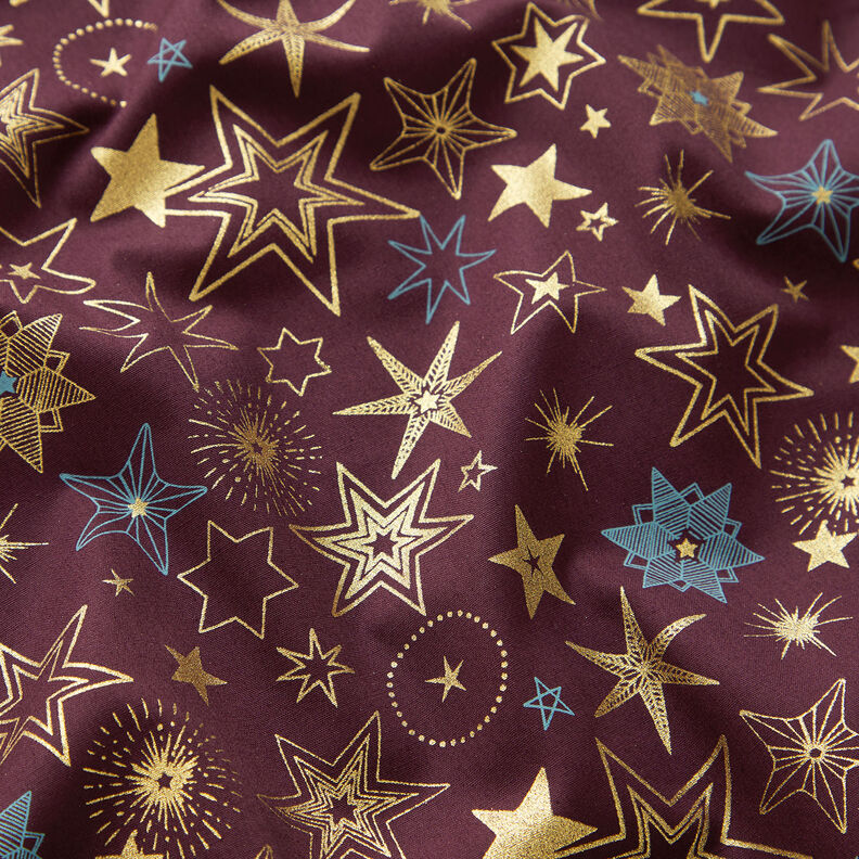 Tissu en coton Popeline Grandes étoiles – merlot/or,  image number 2