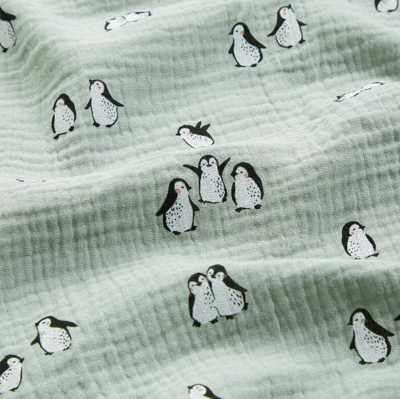 Tissu double gaze de coton joyeux pingouins – roseau,  image number 2