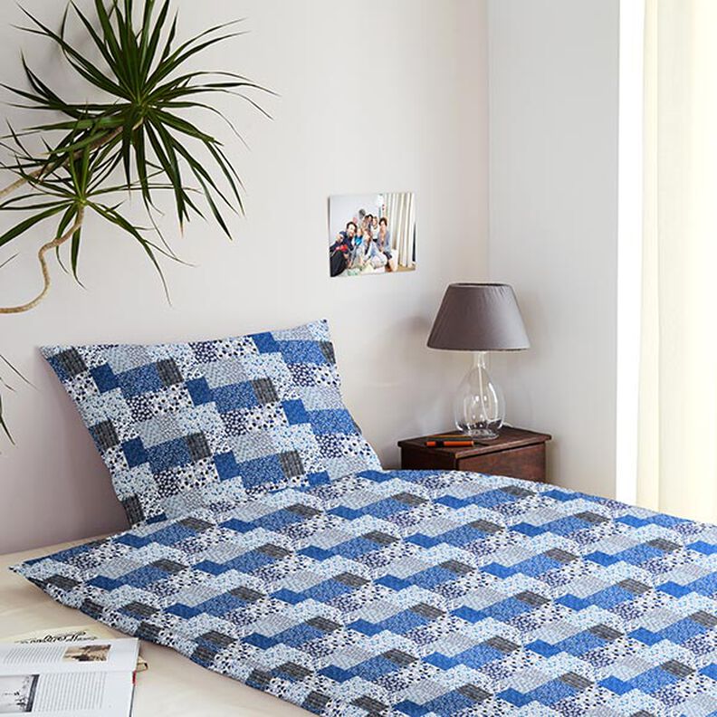 Tissu en coton Cretonne look patchwork – blanc/bleu,  image number 6