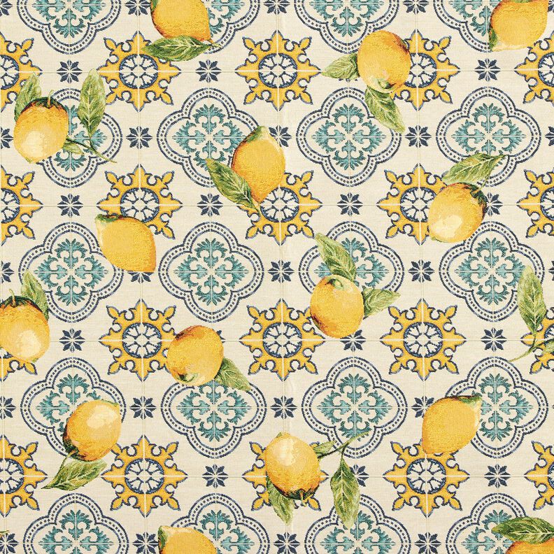 Tissu de décoration Gobelin Carreaux avec citrons – nature/jaune citron,  image number 1