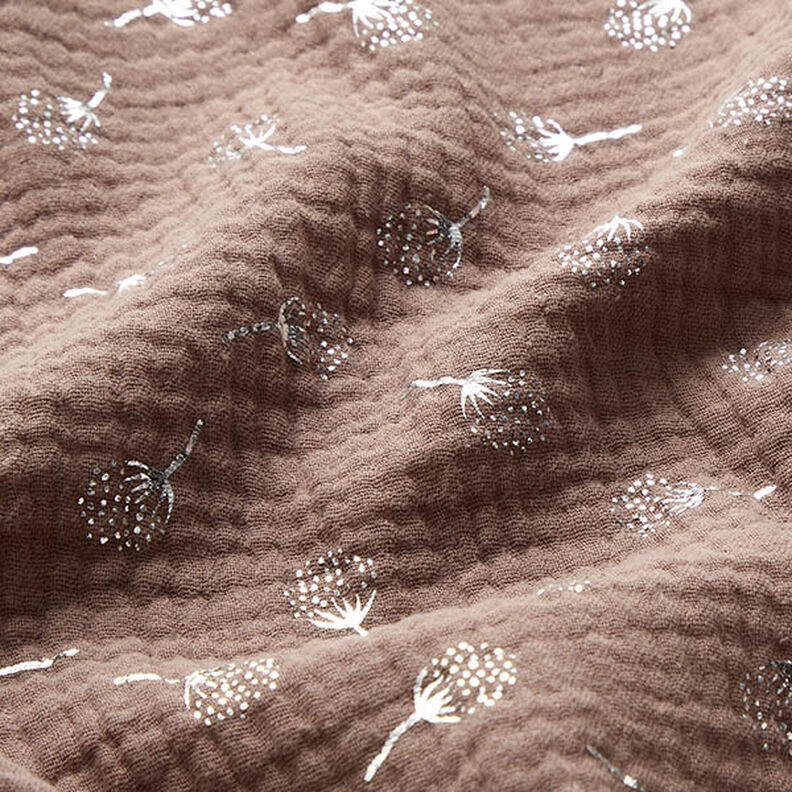Tissu double gaze de coton Fleurs de pissenlit en paillettes – brun-marron/argent,  image number 2