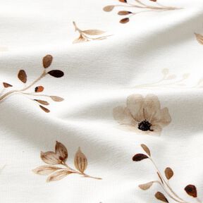 GOTS Jersey coton Impression numérique de fleurs et de branches à l’aquarelle – blanc/marron clair, 