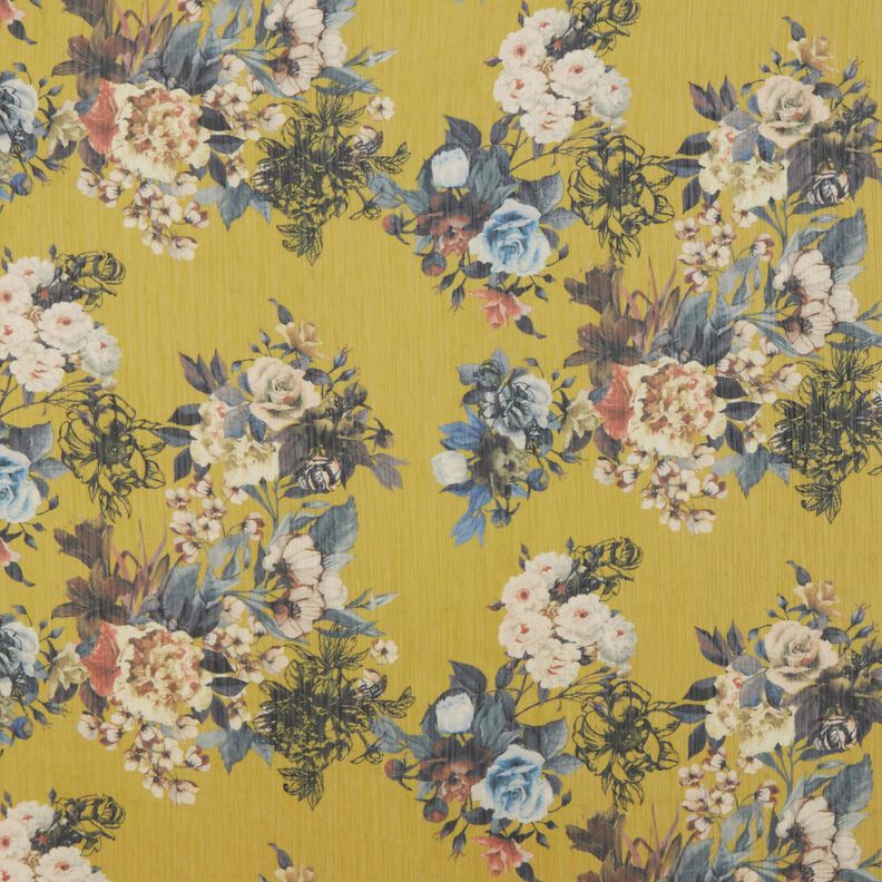 Chiffon plissé fleurs peintes – jaune olive,  image number 1