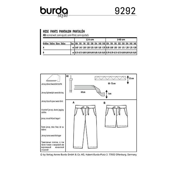 Pantalon, Burda 9292 | 104-146, image number 9
