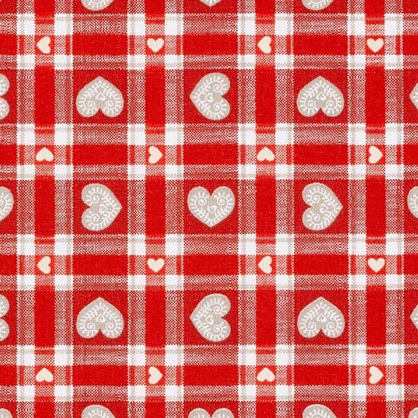 Tissu en coton Cretonne Carreaux Vichy et cœurs – rouge – Échantillon,  image number 1