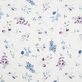 Tissu double gaze de coton Aquarelle branches d'eucalyptus – écru/bleu aqua, 