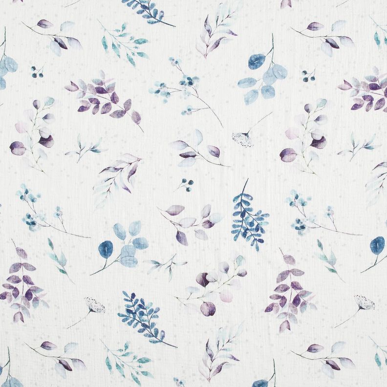 Tissu double gaze de coton Aquarelle branches d'eucalyptus – écru/bleu aqua,  image number 1