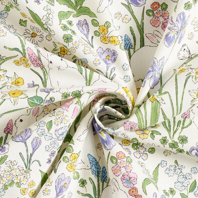 Tissu de décoration Semi-panama Lapins dans prairie fleurie – ivoire/rose clair,  image number 3