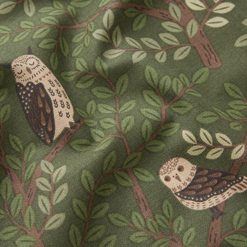 Tissu de décoration Semi-panama Chouettes des forêts – vert foncé/chocolat,  image number 2
