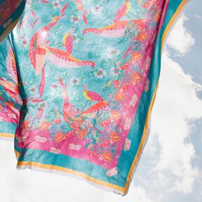 Beachwear paréo panneaux paons et fleurs – bleu aqua/rose intense, 