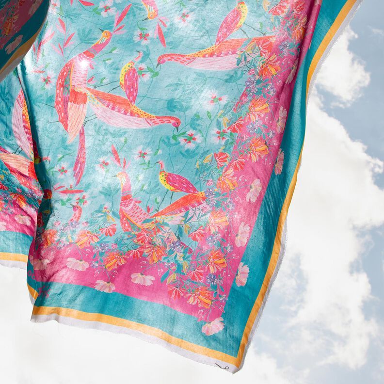Beachwear paréo panneaux paons et fleurs – bleu aqua/rose intense,  image number 2
