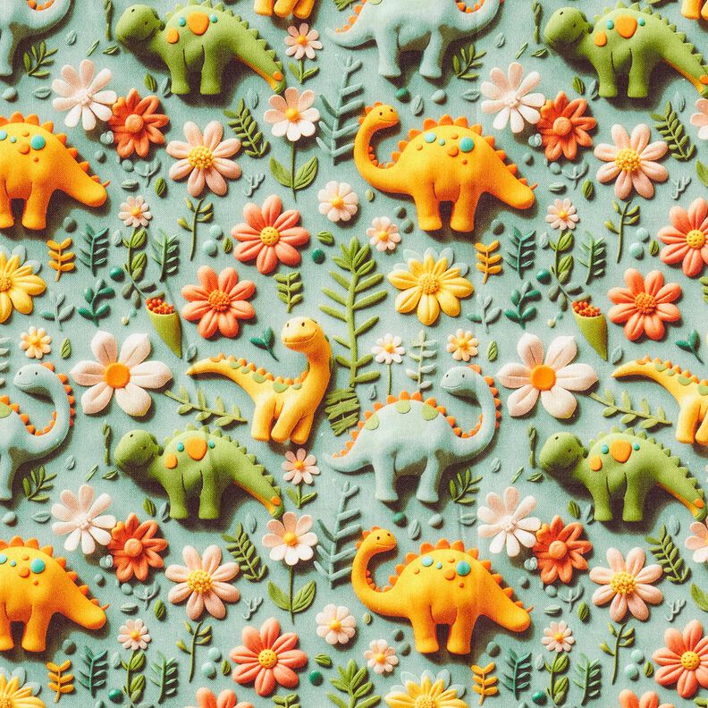 Popeline coton Dinosaures en pâte à modeler Impression numérique – roseau,  image number 1