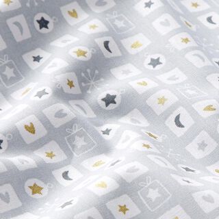 Tissu en coton Cretonne Cadeaux et décorations de sapin de Noël – gris clair/or, 