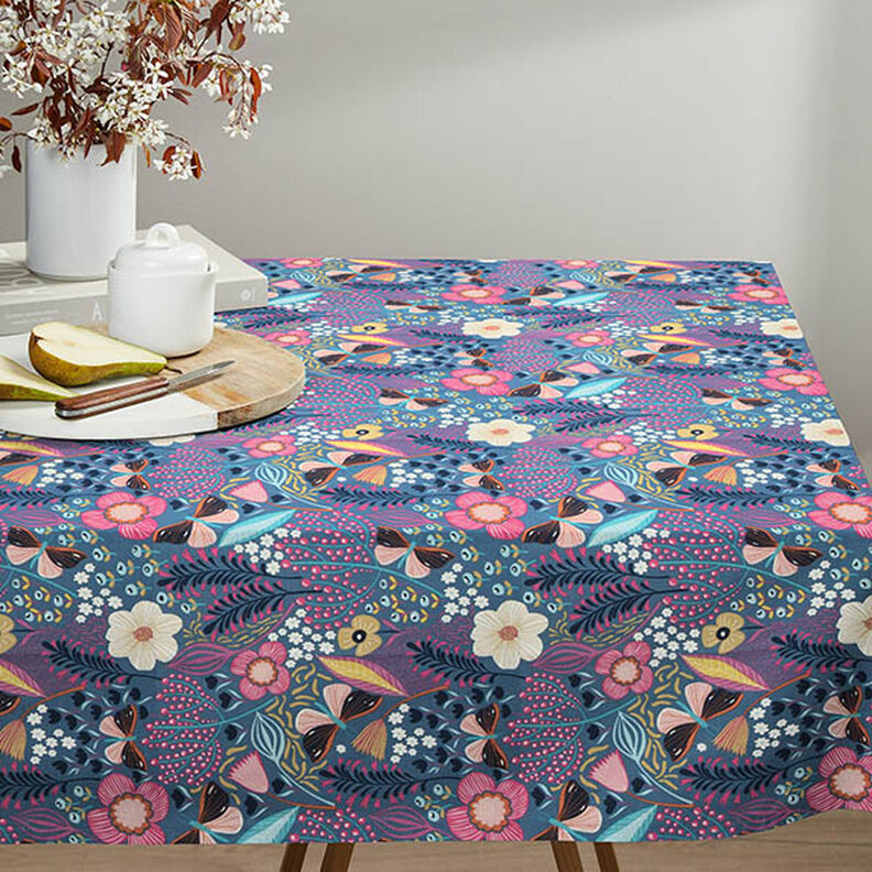 Tissu en coton Cretonne Papillons et fleurs – gris bleu/rose vif,  image number 5