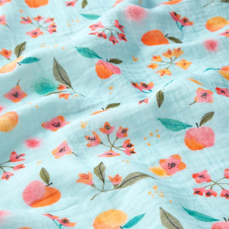 Tissu double gaze de coton pommes points fleurs Impression numérique – bleu clair,  image number 2