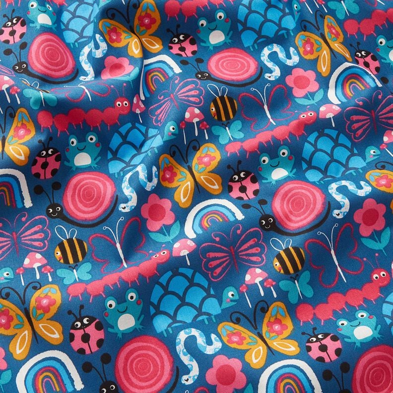 Tissu en coton Cretonne Papillons et abeilles – bleu océan/rose intense,  image number 2
