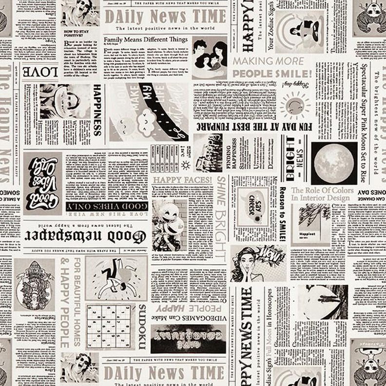 Tissu de décoration Semi-panama Journal rétro – blanc/noir,  image number 1