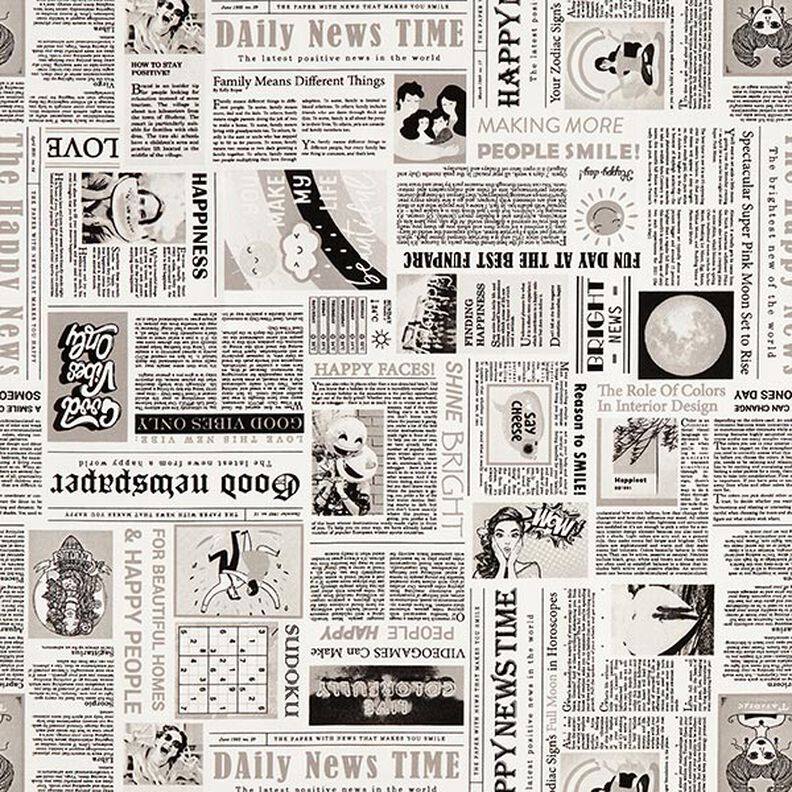 Tissu de décoration Semi-panama Journal rétro – blanc/noir,  image number 1