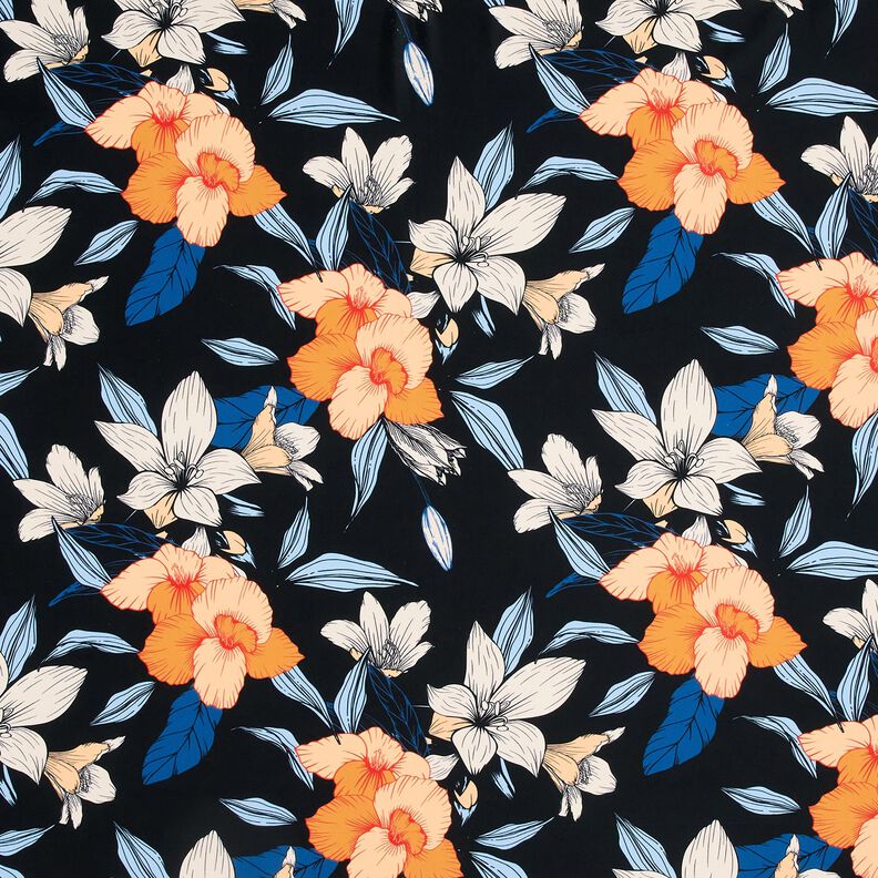 Tissus pour maillot de bain Grandes fleurs d'hibiscus – bleu noir/abricot,  image number 1
