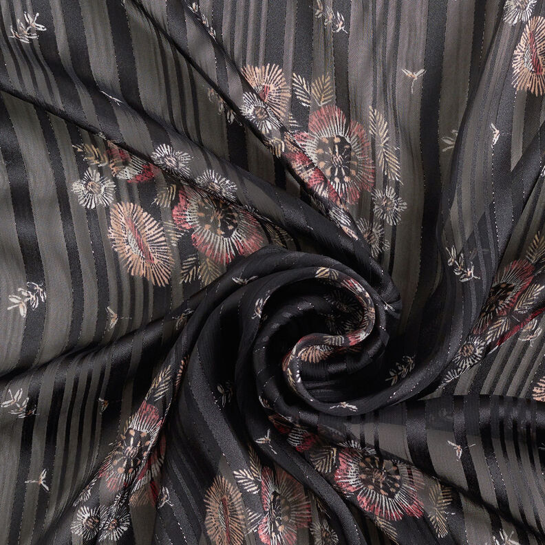 Mousseline avec rayures de satin et métallisées Fleurs – noir/blanc,  image number 4