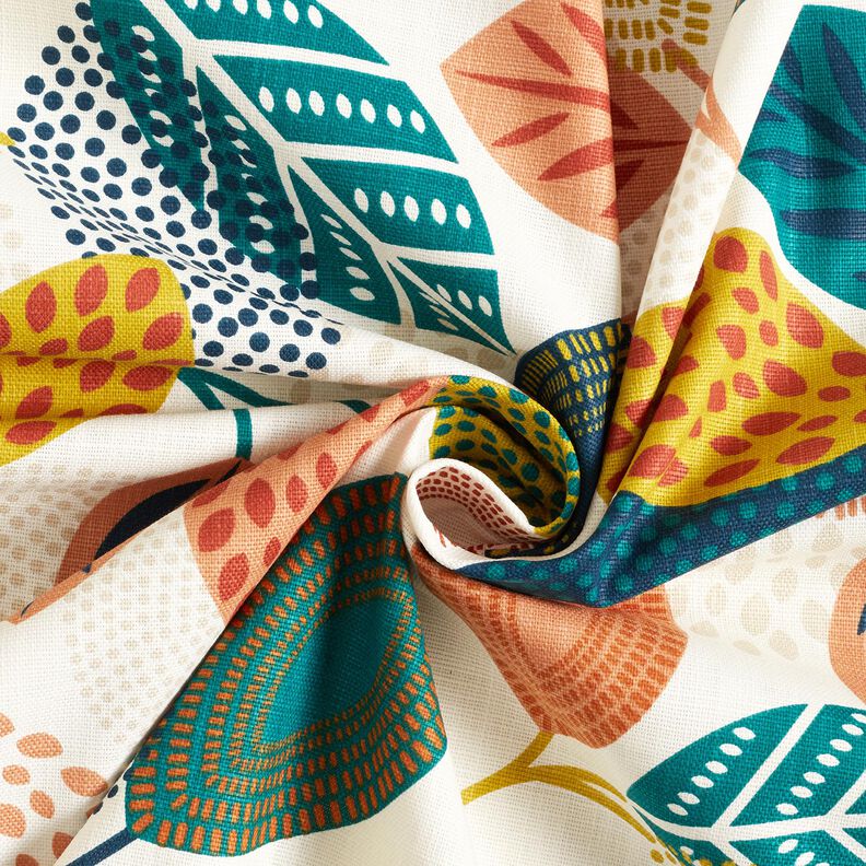 Tissu de décoration Panama Feuilles en pointillés – écru/pétrole, image number 3