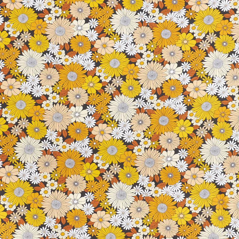 Tissu en coton Cretonne Grandes fleurs rétro – noir/jaune soleil, image number 1