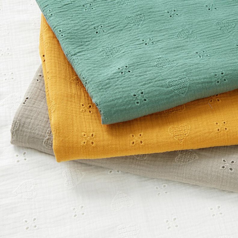 Tissu double gaze de coton Dentelle brodée Cœurs – gris soie, image number 5