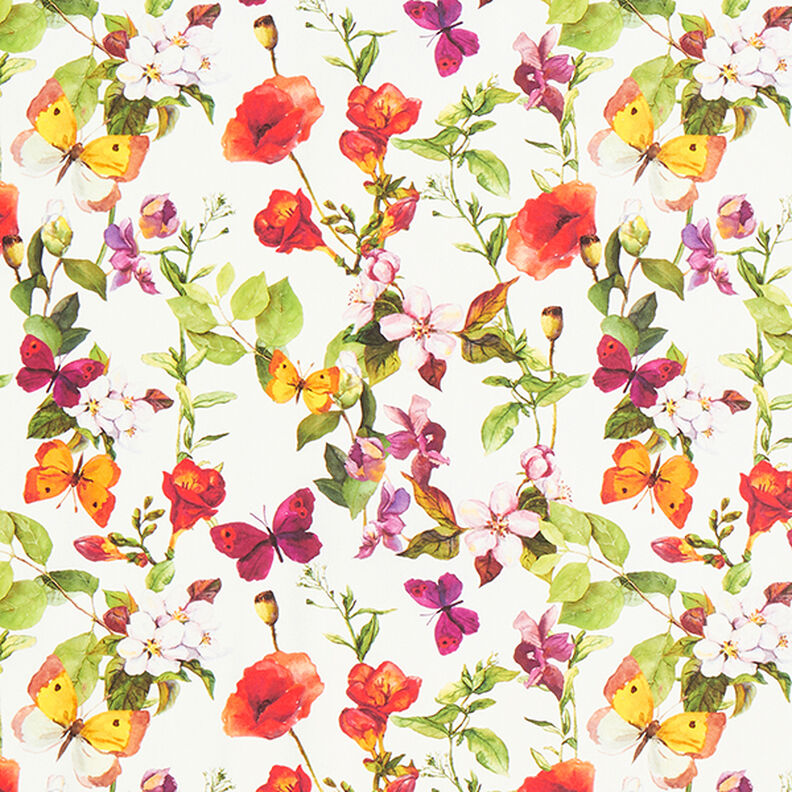 Tissu d’extérieur Canvas Fleurs et papillons – blanc/lilas,  image number 1