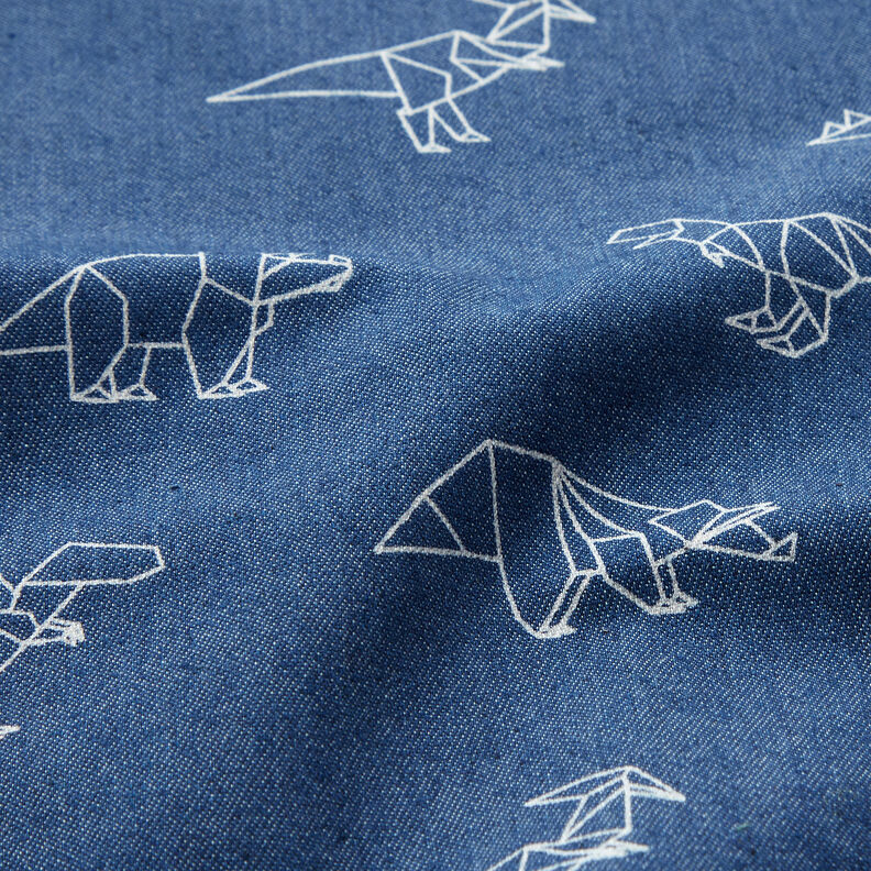 Tissu jeans Stretch Dinosaures en origami – bleu jean,  image number 2