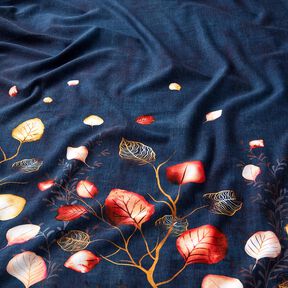 French Terry Tissu bordure feuilles d'automne | Glitzerpüppi – bleu marine/orange pêche, 