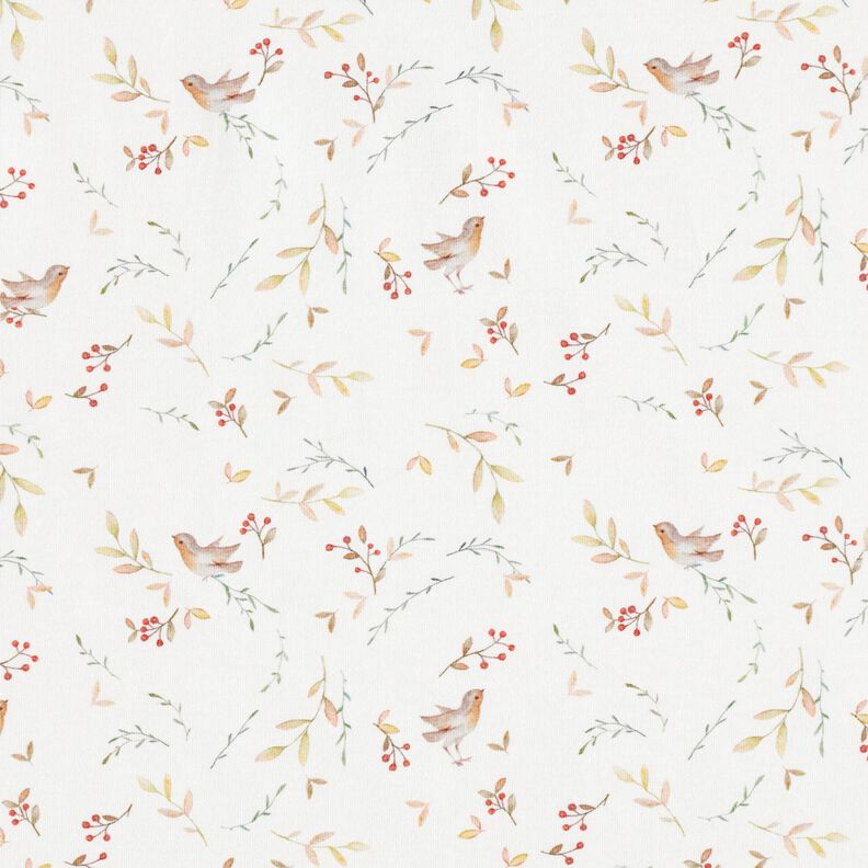 GOTS Jersey coton Oiseaux sur branches Impression numérique – ivoire,  image number 1