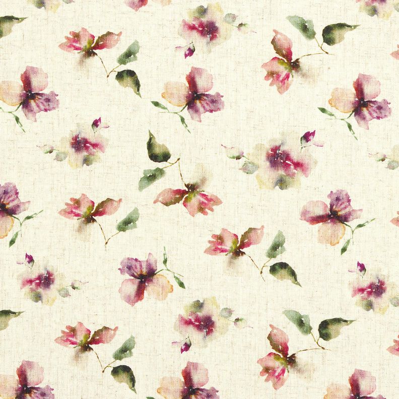 Mélange viscose lin fleurs aquarelles – nature/raisin,  image number 1